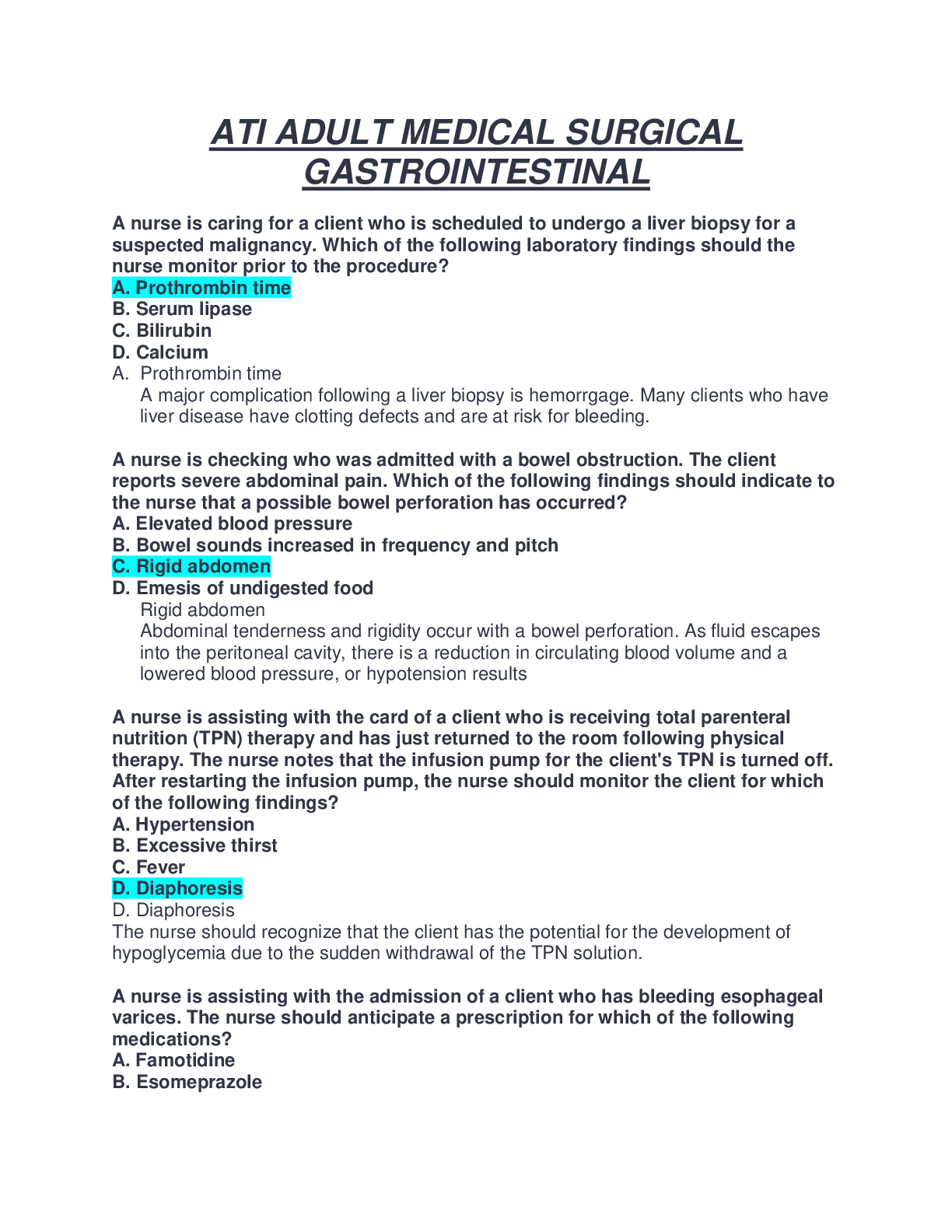 ATI ADULT MEDICAL SURGICAL GASTROINTESTINAL EXAM REVIEW QUESTIONS AND